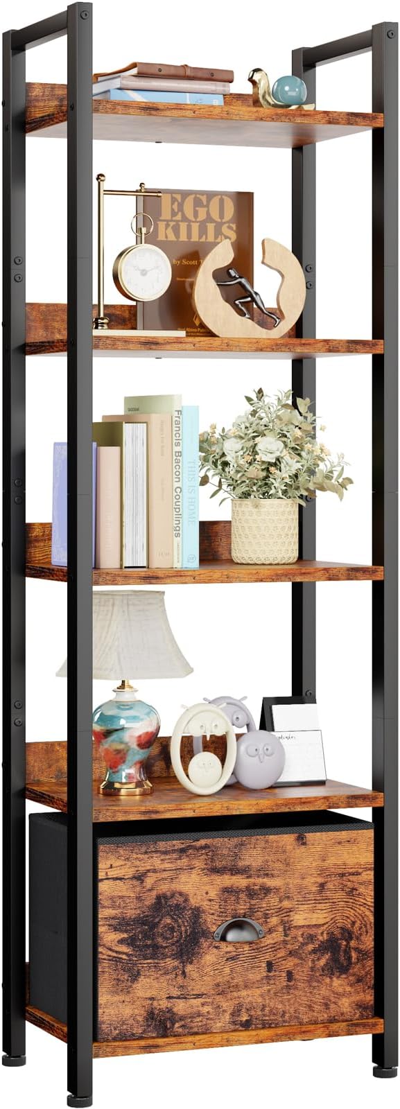 Furologee 5 Tier Bookshelf with Drawer, Tall Narrow Bookcase with Shelves, Wood and Metal Bookshelves Storage Organizer, Industrial Display Standing Shelf Unit for Bedroom, Living Room, Rustic Brown