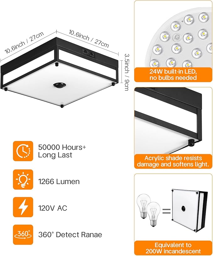 Motion Sensor Outdoor Light, Flush Mount Ceiling Fixture