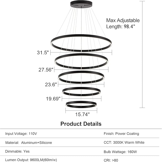 Elegant 5-Rings Black Modern LED Chandelier – Fully Dimmable High Ceiling
