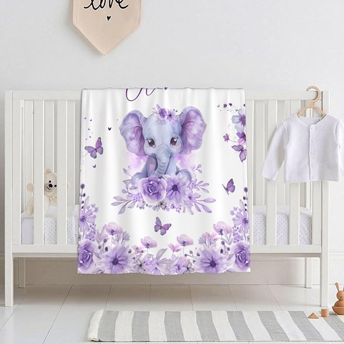 Personalized Baby Blanket for Girls Custom Baby Blanket with Name for Kids Custom Elephants Blanket for Infant Toddler Soft Newborn Bed Throw Personalized Baby Gift for Birthday Baby Shower Christmas