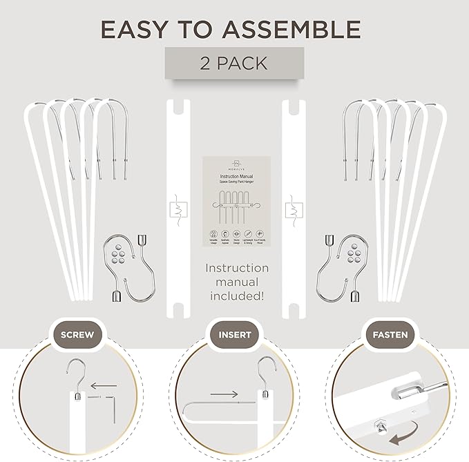 MORALVE Pants Hangers Space Saving - 2 Pack European Beechwood Scarf and Jean Hangers - Closet Organizer and Space Saver Pant Rack, Leggings Hanger, and Scarf Holder with 360° Swivel Hook