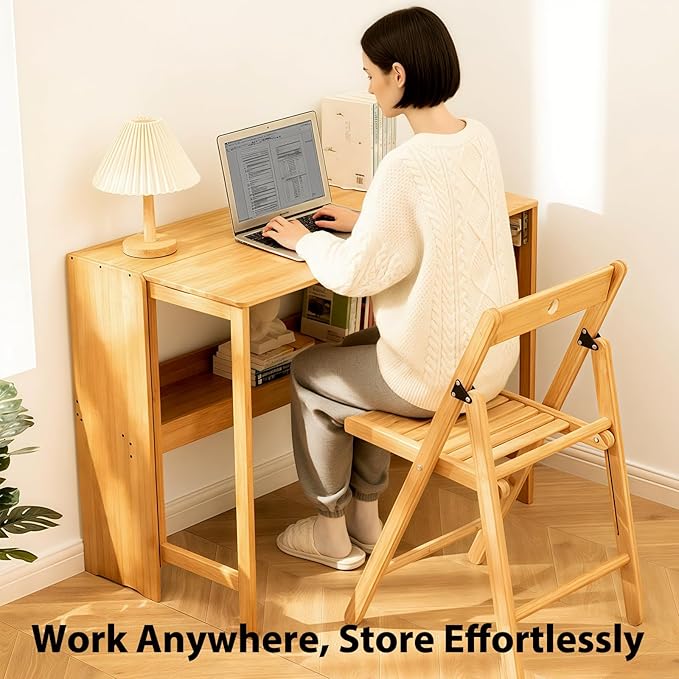 39.37" Bamboo Folding Desk,Space-Saving Computer Desk for Small Spaces, Foldable Study Table for Bedroom, Home Office, Dorm, Apartment (Natural)