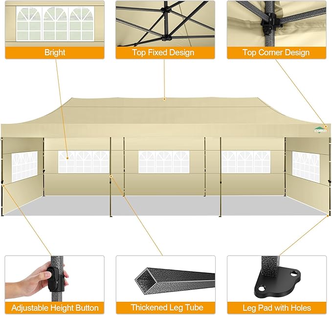 COBIZI 10x30 Pop up Canopy Tent 10x30 Canopy with 8 Sidewalls Waterproof Heavy Duty Commercial Canopy Tent for Parties Outdoor Tent Garden Gazebo Tent, Carry Bag with Wheel(10x30ft,Khaki)