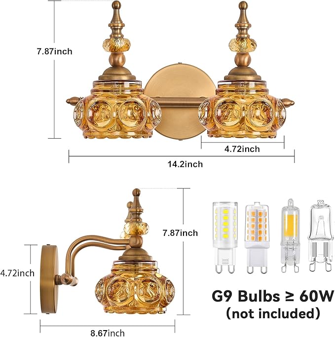 Vintage 2-Light Bathroom Lighting Amber Rose Vanity Light Fixtures Wall Sconce