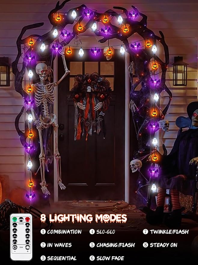 Halloween String Lights, 3D Pumpkin Bat Ghost Fairy Lights Battery Operated
