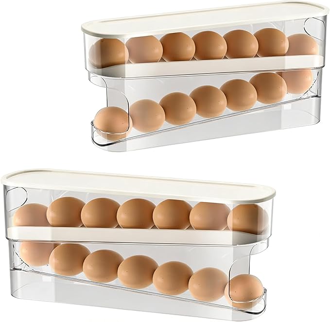 2pcs Auto Rolling Egg Holder for Fridge, Egg Dispenser/Organizer/Storage/Container with Lid for Refrigerator, Sturdy and Durable Space-Saving Egg Tray for 12 Large Eggs