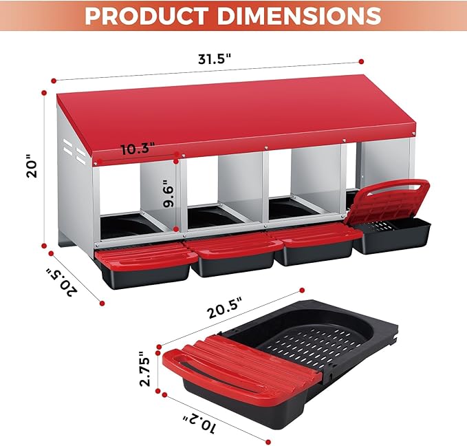 4 Compartment Metal Chicken Nesting Box, Automatic Roll-Out Egg Collection, Waterproof Galvanized Steel Laying Box with Perch & Wall Mount, for Hens Ducks Rabbits