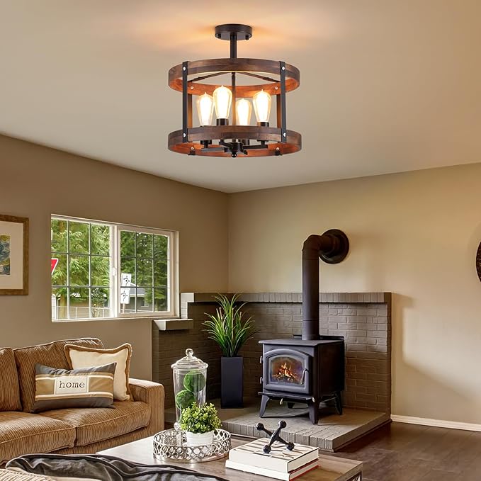4-Light Large Rustic Farmhouse Flush Mount Ceiling Light Fixture 16.5 inch Oak