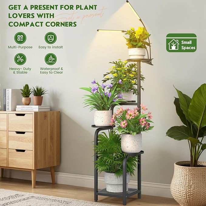 TOSKING 48" Tall Plant Stand with Grow Lights - 5-Tier Corner Plant Shelf with LED Full Spectrum Lights with Dimmer & Timer, Multi-Functional Corner Plant Stand for Home, Office, Balcony (Grow Light 5 Tier-Black)
