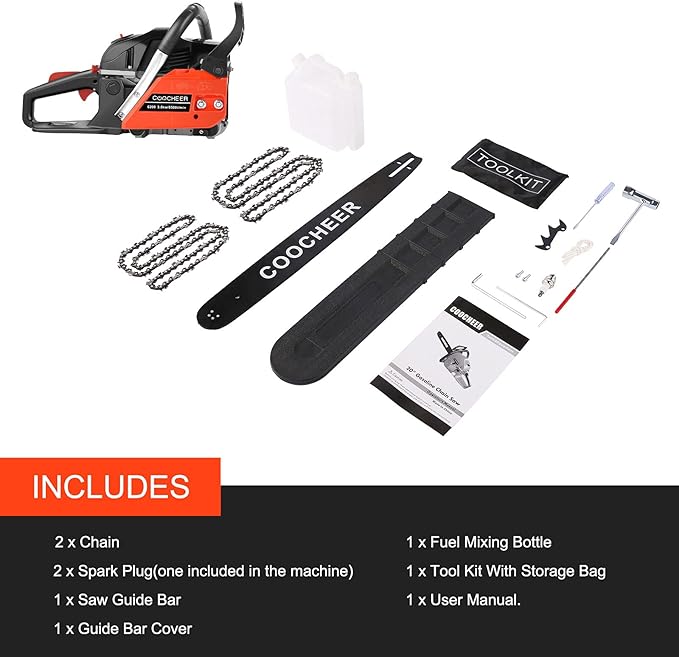 COOCHEER 20 Inch Gas Chainsaw, 62cc Gas Powered Chainsaws 3.5HP 2-Cycle Petrol Handheld Gasoline Chain Saw for Tree Wood Cutting, 2 Chains Included