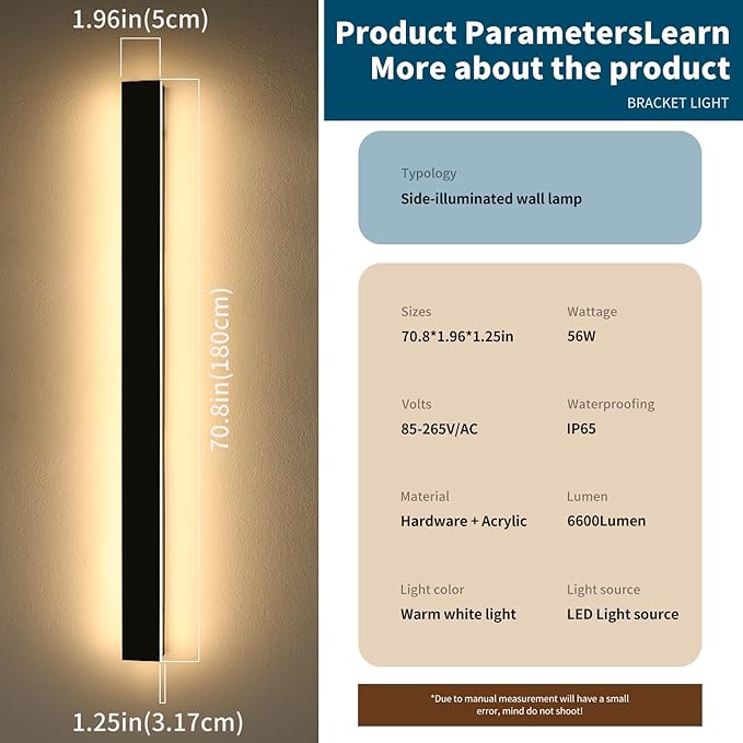 Modern Outdoor Wall Light, 71inch LED Wall Sconce, 3000K Warm White, IP65