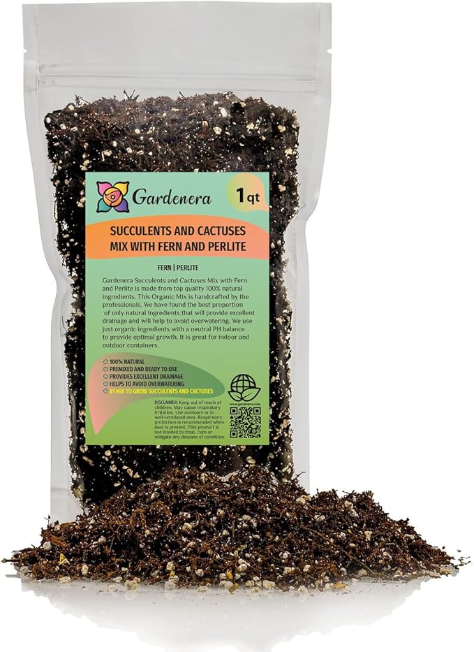 Gardenera Fern + Perlite Soil Mix for Repotting and Planting Succulents and Cactuses - 1 Quart Bag