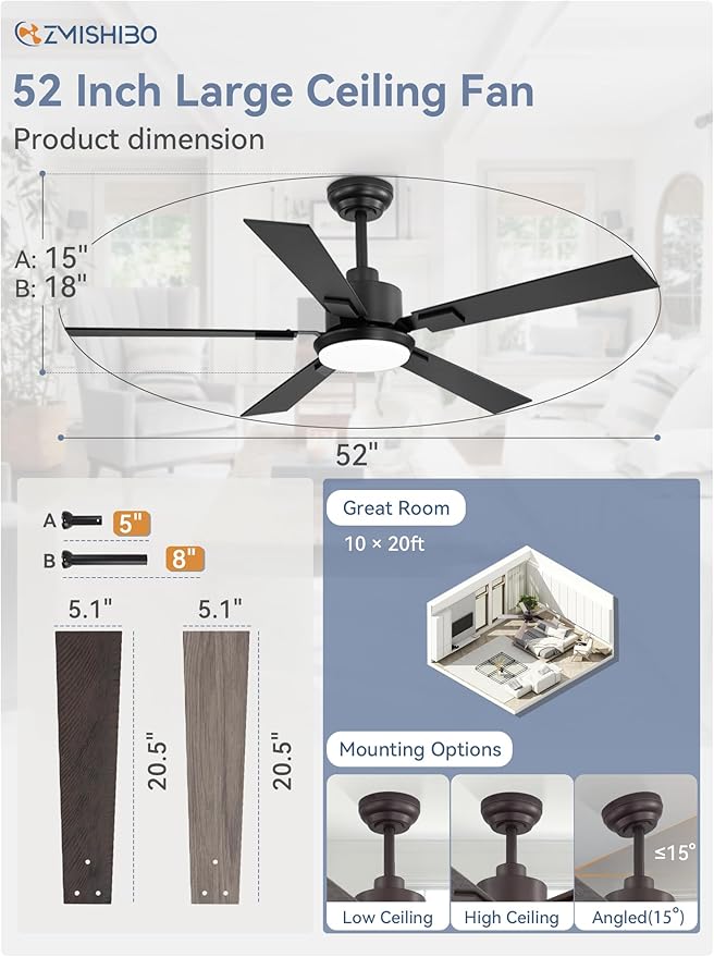 ZMISHIBO 52 inch Black Ceiling Fans
