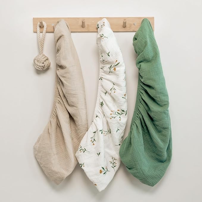 Gllquen Baby Muslin Bassinet Sheets 3 Pack, Breathable Elastic Cozy Fitted Cotton Bassinet Mattress Sheet for Baby Boy Girls, Fit for Hourglass Oval Rectangular Cradle Pad Sheets 33"x17" (Green)