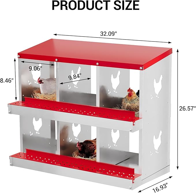 6-Compartment Metal Chicken Nesting Box - with Perch, Secure Lid & Metal Legs, Wall-Mount or Free-Standing Nesting Boxes for Hens
