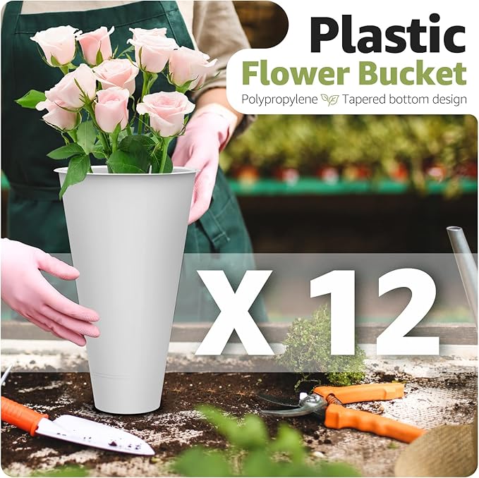 Flower Display Stand 3 Layers with 12 PCS Round Buckets, Plant Stand with Wheels, Movable Metal Plant Stand for Terrace Garden, Florist Shop