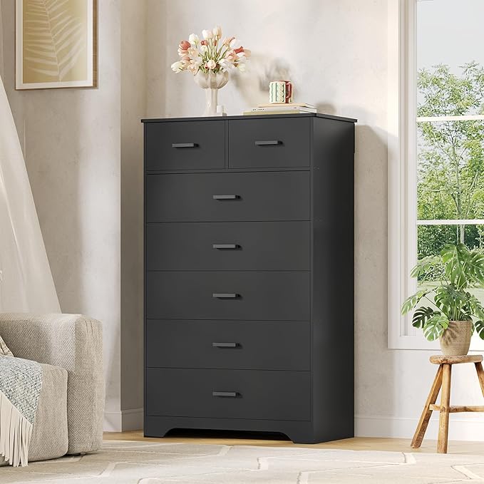 DICTAC Black Dresser for Bedroom with 7 Drawers, 55.7" Tall Dressers Chest of Drawers, Modern Large Wood Storage Dresser Organizer with Metal Handle, Vertical Dressers for Bedroom Living Room Nursery