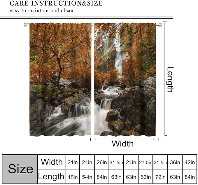 Forest Waterfall Blackout Curtains, Autumn Jungle Mountains Fall Nature Landscape Window Drapes, for Bedroom Living Room 55" W X 63" L