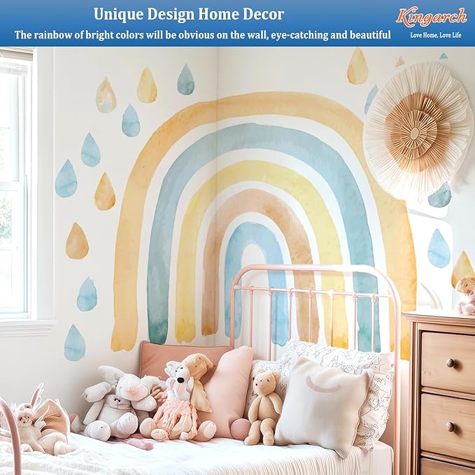 Large Watercolor Rainbow Wall Decals, Raindrops Peel and Stick Fabric Nursery Wall Decor, Removable Home Room Wall Decor Murals Stickers for Kids Girls Toddler Bedroom Living Room Playroom