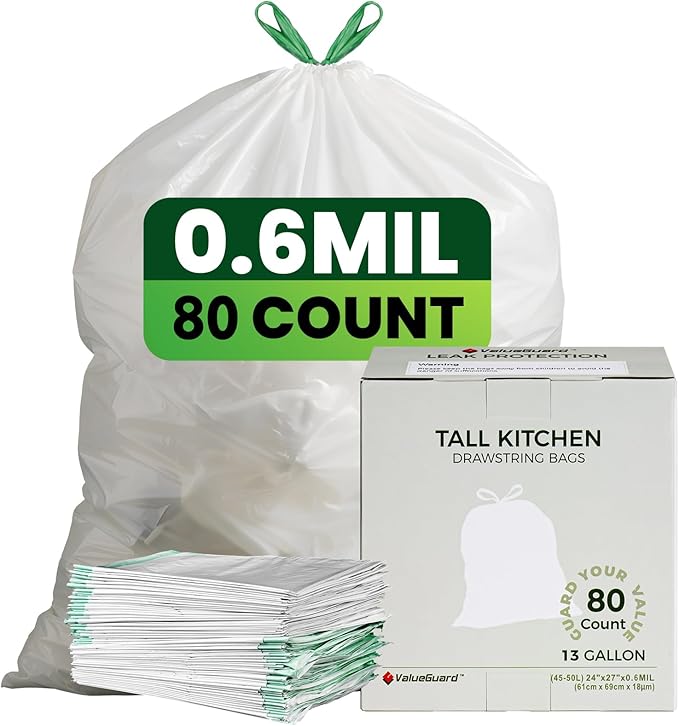 Large Trash Bag 13 Gallon Tall Drawstring 100% Post-Consumer Recycled Garbage Bag Waste Bag for Kitchen Office
