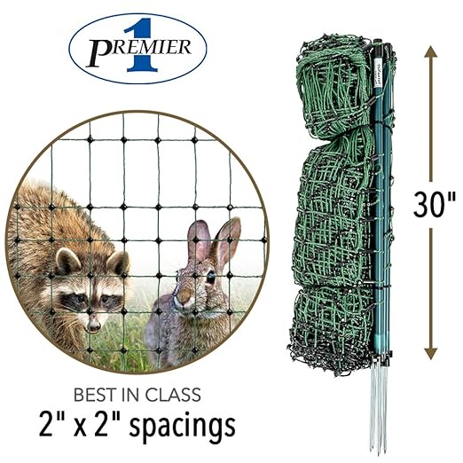 Premier 1 VersaNet® Plus, 30"H x 100'L Portable Electric Garden Net Fence with Built-in Posts | 2" x 2" Strand Spacing at Bottom to Keep Rabbits, Raccoons and Varmints Out of Gardens | Green/Black