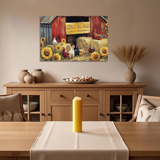 YMXDYMJSW Rooster Canvas Wall Art Chicken with Sunflower Pictures Farm Animal Prints Chicken Coop Paintings Inspirational Quotes Artwork for Kitchen Decor Frame (Brown,28L x 42W)