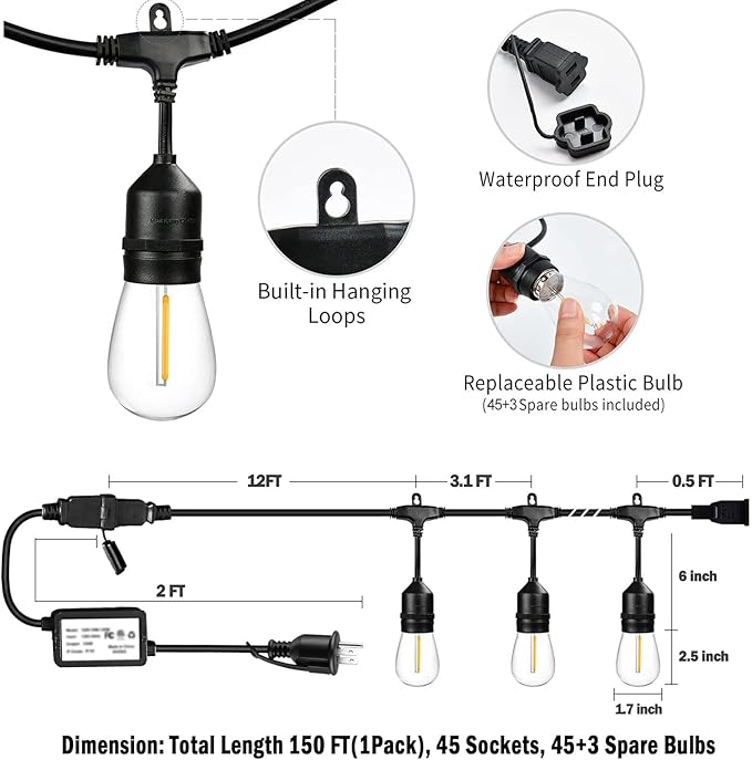 1-Pack 150 ft Outdoor String Lights