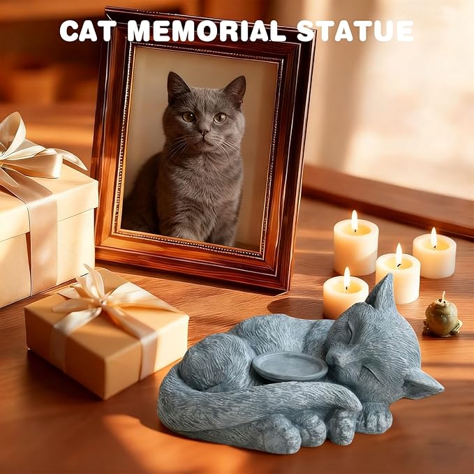 Sleeping Cat Candle Holder Statue Realistic Resin Cat Figurine with Candle Tray Outdoor Garden Decor for Patio Yard or Indoor Use for Cat Lovers Women and Memorials Grey Stone