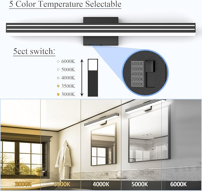 Ralbay Modern Black Bathroom Light Fixtures 5 Color Temperature Dimmable
