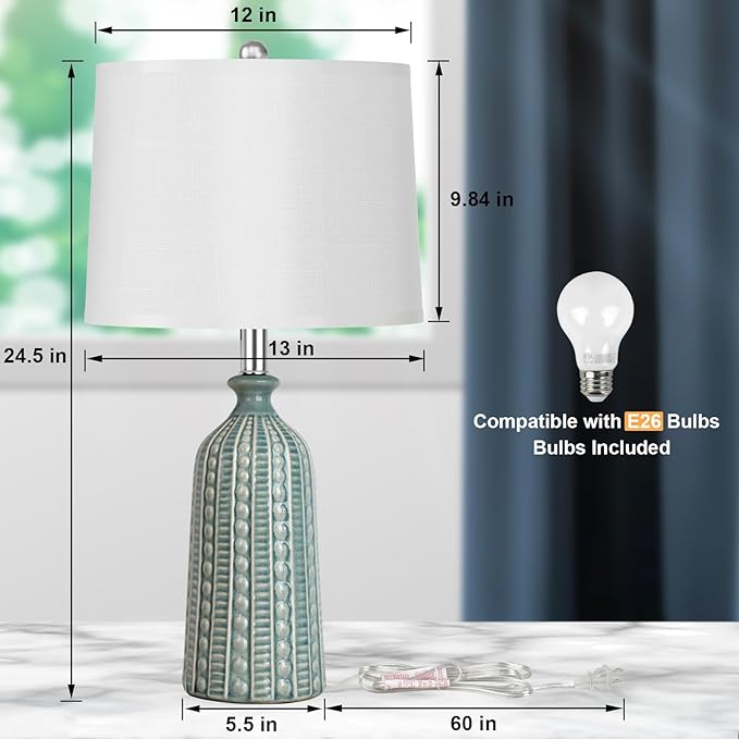 Green Ceramic Table Lamp 24.5": 3-Way Dimmable Nightstand Lamp