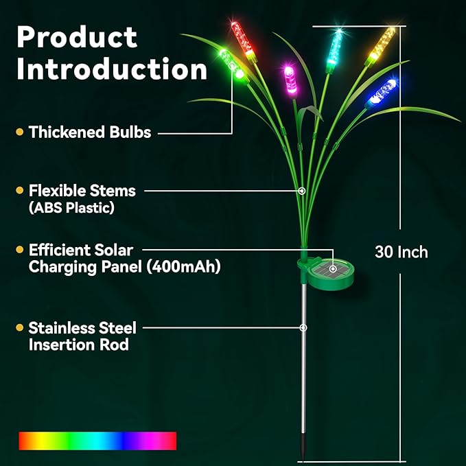 6 Packs Reeds Solar Garden Light with Multiple Color Gradients, 30 Inch Garden Solar Light with 36 Bulbs, Intelligent Light Control System, IP65 Waterproof, Outdoor solar light for decorating Pathway
