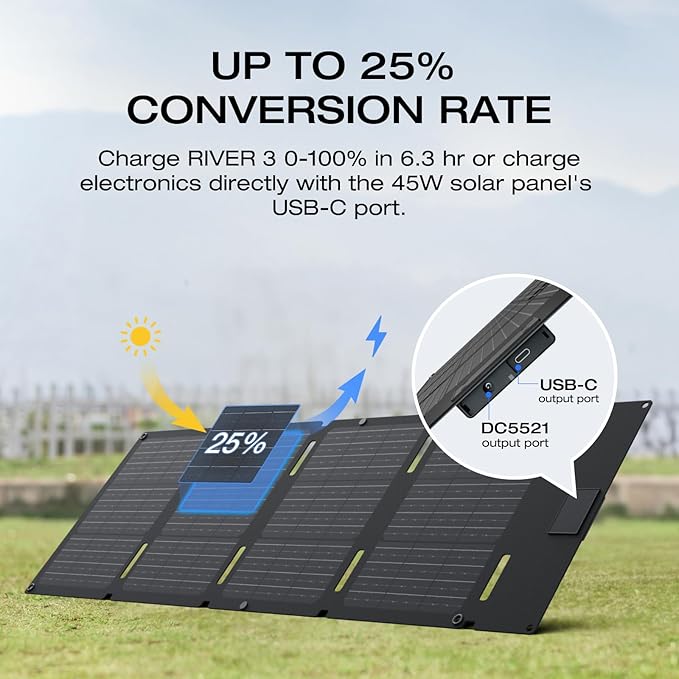 EF ECOFLOW Solar Generator RIVER 3 with 45W Solar Panel, 245Wh Portable Power Station LiFePO4 Battery, 300W Up to 600W AC Output, <20 MS UPS, 1Hr Fast Charging Power Station for Outdoor/Camping/RVs