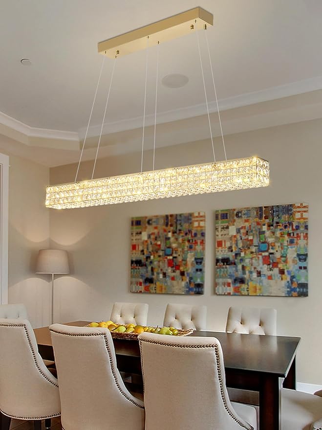 W48 Rectangular Gold Crystal Chandelier Modern Rectangle Pendant Ceiling Light