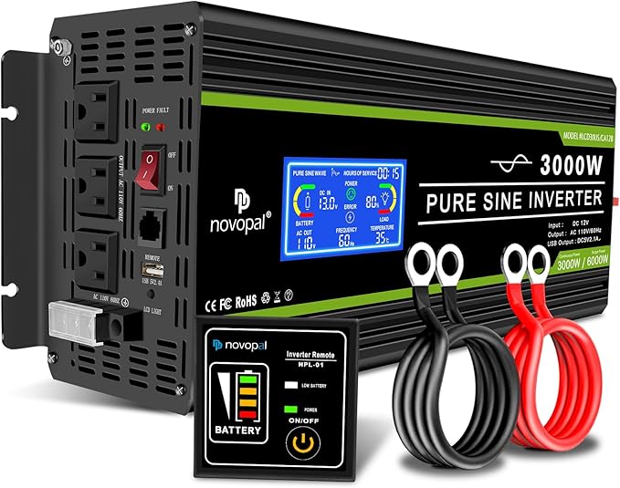 NOVOPAL 3000 Watt Pure Sine Wave Power Inverter DC 12V to AC 110V 120V Rv Inverters with 3 AC Outlets,High Power Terminal-16 ft Remote Control, LCD Display for Truck, Hurricane, Home