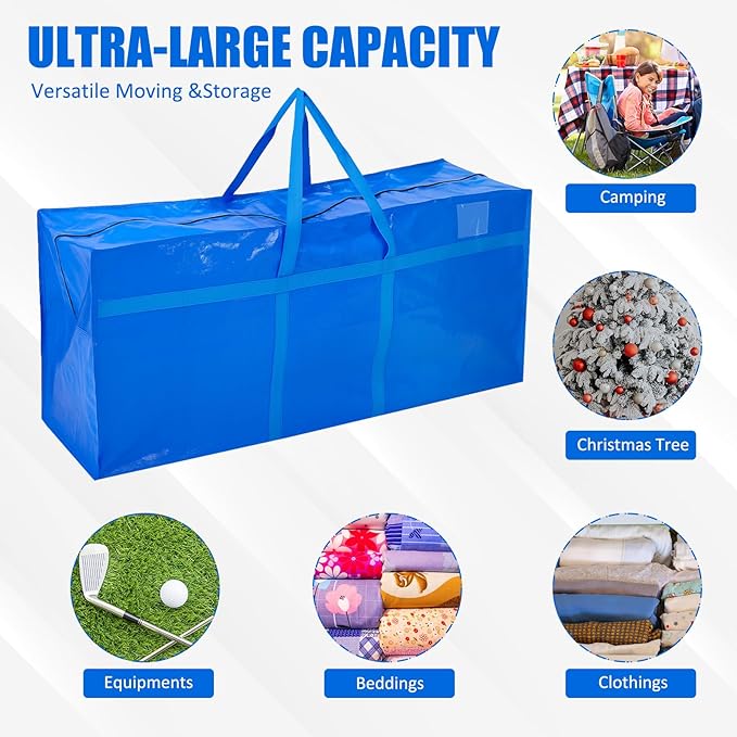 4 Pcs 96 Gallon Large Moving Bags with Zipper and Handles Foldable Storage Duffle Bags Heavy Duty Extra Large Totes for College Dorm Travel Clothes Blankets Bedding Moving (Blue)