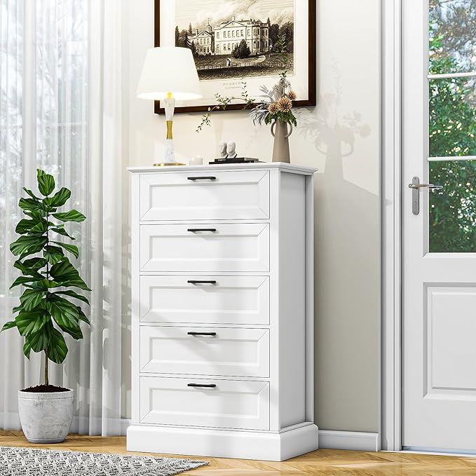 White Dresser with 5 Drawers, Vertical Storage for Bedroom, Wood Tall Dresser for Hallway, Wooden Tall Chest of Drawers for Entryway, Nursery, Lingerie Chest Drawer, Modern Farmhouse Style