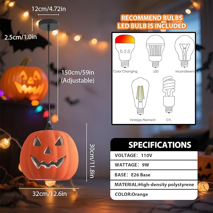 JAYMP Halloween Light Up Pumpkin Pendant Light, Jack O Lantern, Living Dining