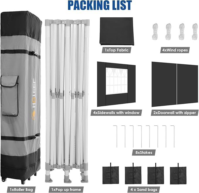 HOTEEL 10x20 Pop up Canopy Tent for Parties, Heavy Duty Easy Setup Tent with 6 Sidewalls, Outdoor Commercial Instant Gazebo for Wedding Event, with Roller Bag & Sand Bags, Black(Hexagonal Frame)