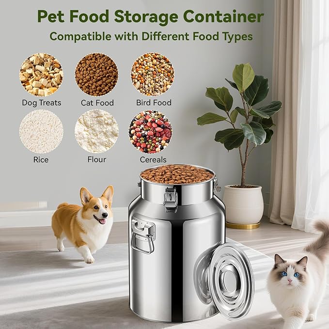 Newget 21lb Stainless Steel Dog Food Storage Container, Metal Pet Storage Container with Airtight Hangable Lid to Keep Food Fresh, Large Cat Food Storage Container with Scoop to Easily Clean