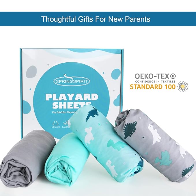 Graco Pack n Play Sheets - 4 Pack Mini Crib Sheets, Ultra Soft Mattress Compatible, Dinosaurs