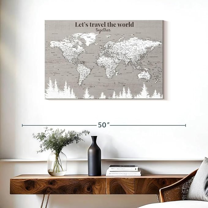 ElephantStock - Let's Travel II Push Pin World Map Wall Art - Horizontal Canvas Wall Art - Living Room Wall Decor - Digital Art Map Canvas Art - Gray And White Decor - 36" x 24"