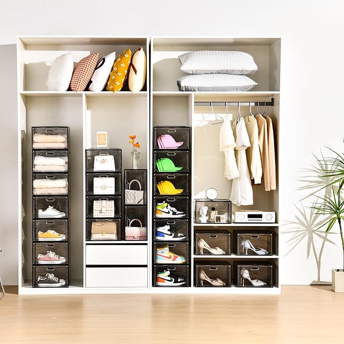 New Gray 8 Pack Shoe Boxes Stackable, Large Shoe Storage Organizer