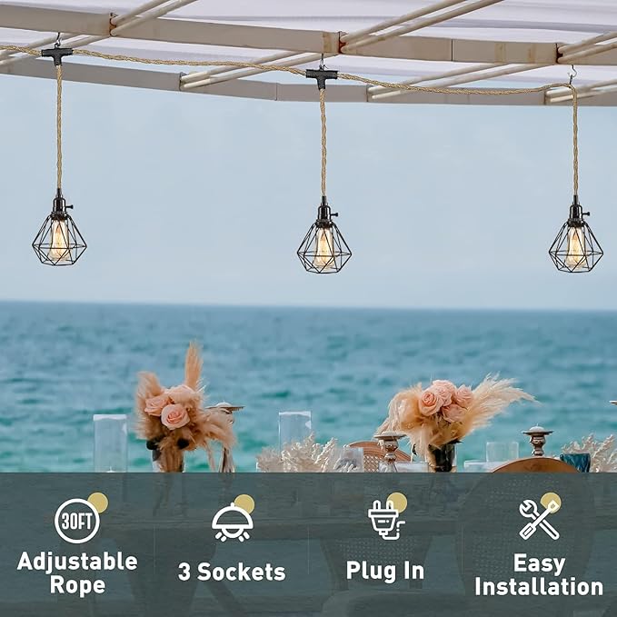 3-Light Hanging Light with Plug in Cord, Plug in Pendant Light 22ft Hemp Rope