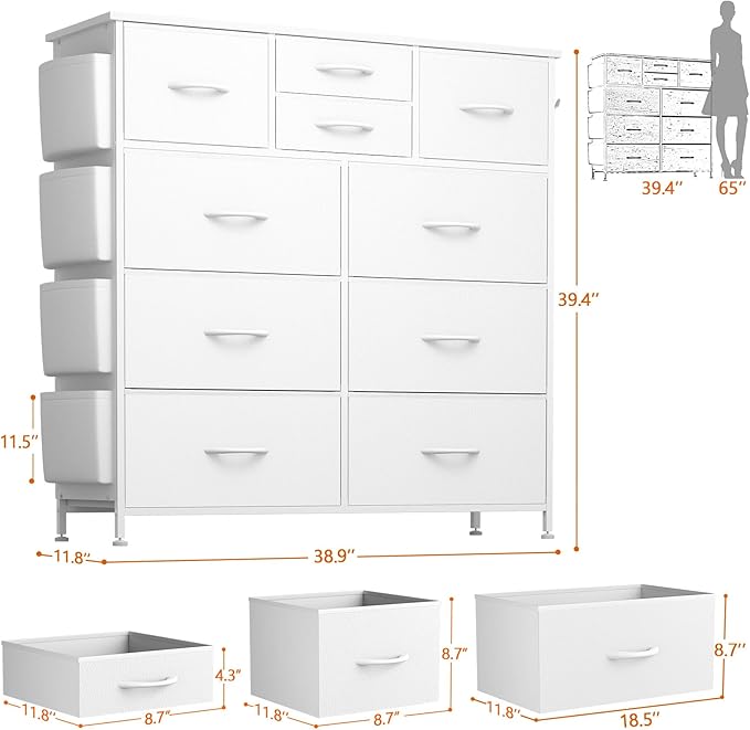 10 Drawer Dresser, Chest of Drawers for Bedroom, PU Dresser with Side Pockets, Hooks, Wooden Top and Sturdy Metal Frame for Living Room, Closet, Hallway (White)