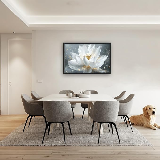 Olivine Zen Wall Art, Lotus Pictures Wall Decor, White and Golden Lotus Painting Flower Canvas Prints, Framed Artwork for Bedroom Bathroom Living Room Dining Room Office Home Decoration 36"x24"