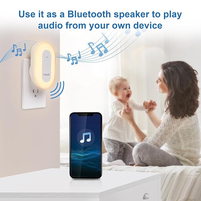 VTech BC8113 V-Hush Plug Sleep Training Soother with 40 Stories/Songs/Sounds & Record Your own Voice. Bluetooth Speaker, 250+ Multi-Color Night Light, No Batteries & No Cords Required
