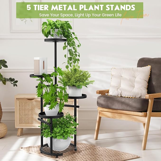 TOSKING 5 Tier Tall Plant Stand Indoor Outdoor, Heavy Duty Corner Plant Stand with Space-Saving Plant Shelf for Multiple Plants| Round Plant Table Design for Living Room Balcony Garden (Black, 38in)