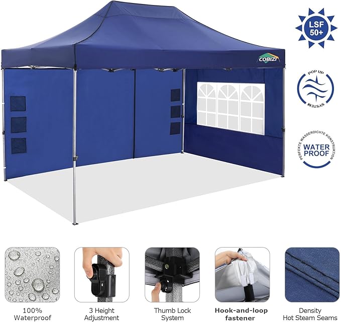 COBIZI 10x15 Pop Up Canopy with 4 Sidewall,Heavy Duty Canopy UPF 50+ All Season Wind Waterproof Commercial Outdoor Wedding Party Tents for Parties Gazebo with Carry Bag (10 x 15 ft Dark Blue)
