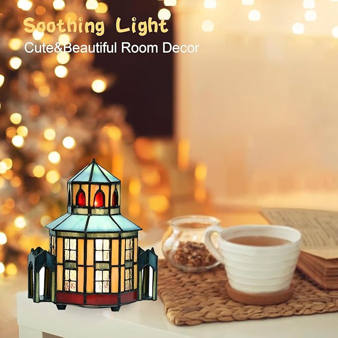 A0005 Tiffany Lighthouse Lamp Stained Glass LED Accent Table Lamp, Christmas