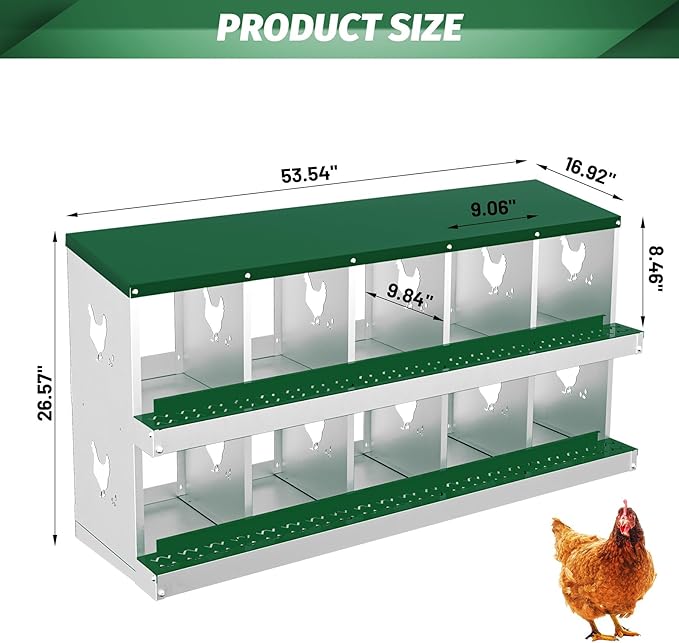 Chicken Nesting Box, Green 10 Hole Egg Laying Box, Suitable for Chickens & Ducks, Large Holes for Ventilation, Convenient for Picking up Eggs, Fully Galvanized
